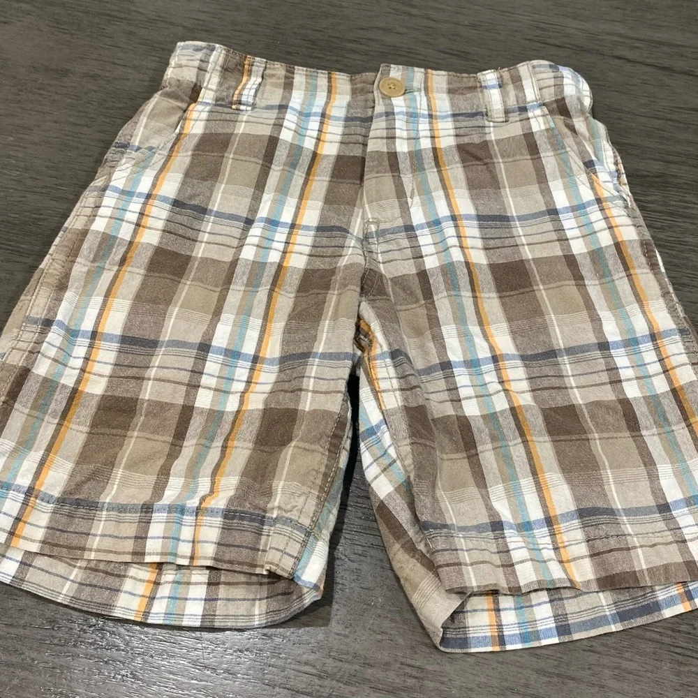 OshKosh B'gosh Boys Brown Plaid Chino Shorts Size 6 Casual Summer